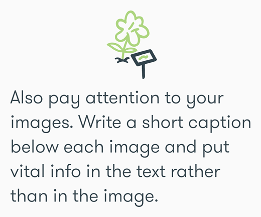 Screenshot from Google Primer SEO lesson - pay attention to your images. Write a short caption below each image and put vital info in the text rather than in the image
